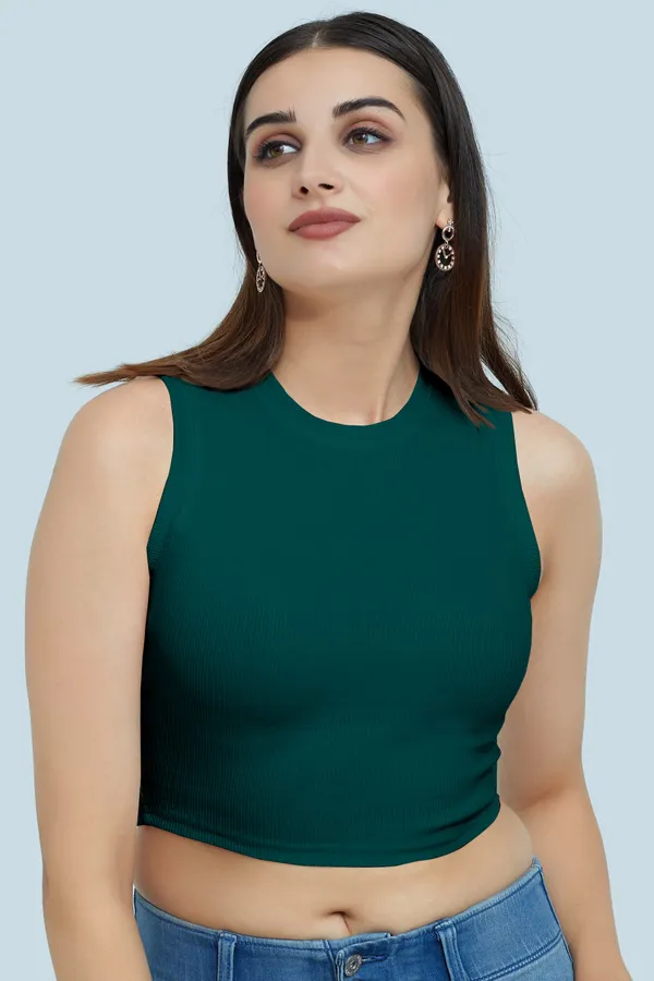 Tail_Green_Sleeveless_Ribbed_Round_Neck_Slim_Fit_Collarless_Casual_Tank_Top_For_Women