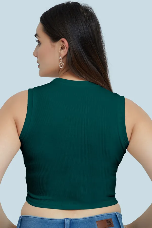 Tail_Green_Sleeveless_Ribbed_Round_Neck_Slim_Fit_Collarless_Casual_Tank_Top_For_Women