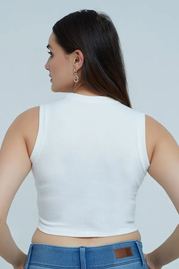 White_Sleeveless_Ribbed_Round_Neck_Slim_Fit_Collarless_Casual_Tank_Top_For_Women
