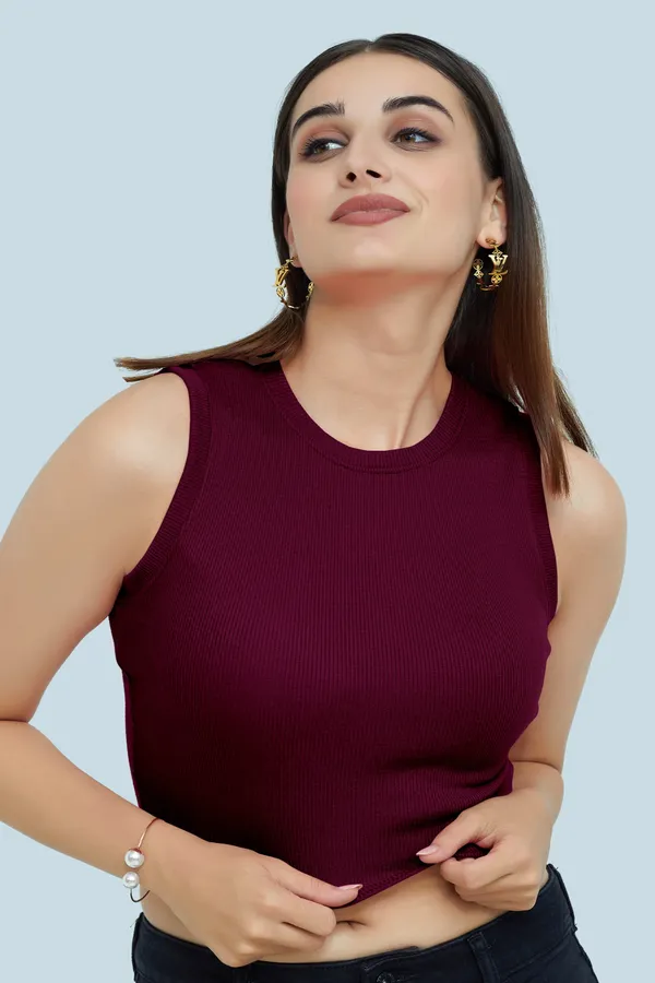 Wine_Sleeveless_Ribbed_Round_Neck_Slim_Fit_Collarless_Casual_Tank_Top_For_Women