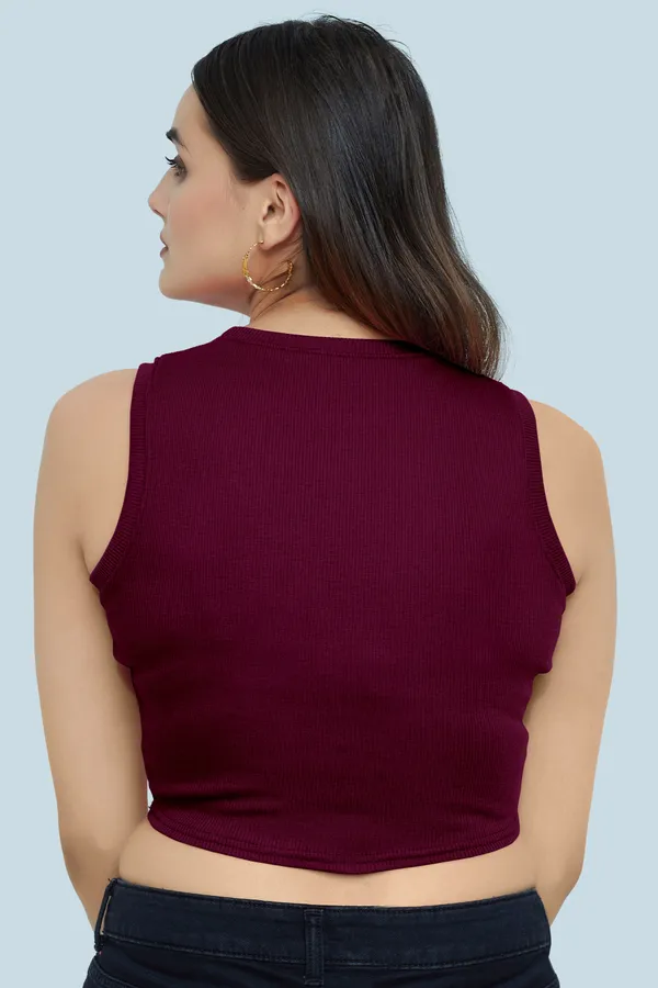 Wine_Sleeveless_Ribbed_Round_Neck_Slim_Fit_Collarless_Casual_Tank_Top_For_Women