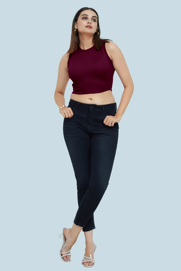 Wine_Sleeveless_Ribbed_Round_Neck_Slim_Fit_Collarless_Casual_Tank_Top_For_Women