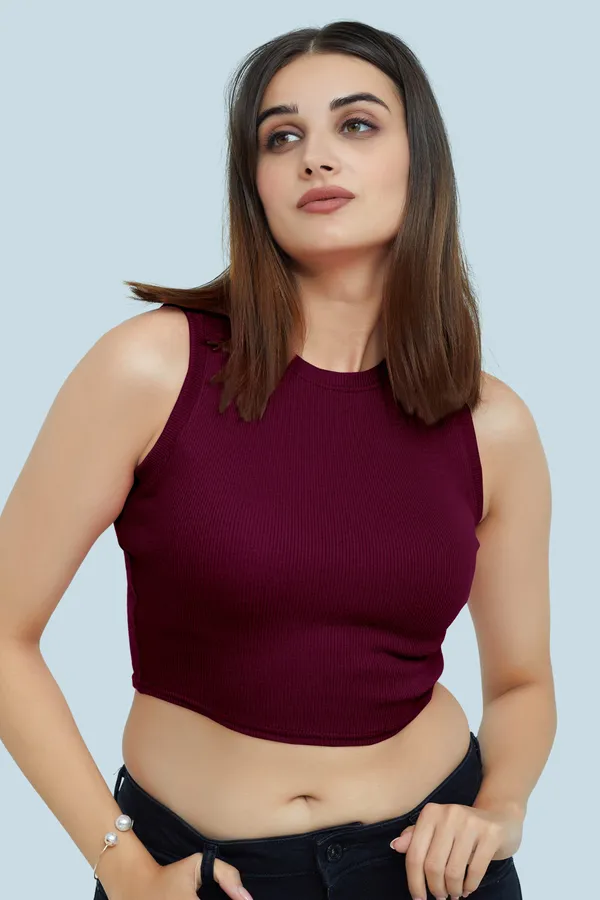 Wine_Sleeveless_Ribbed_Round_Neck_Slim_Fit_Collarless_Casual_Tank_Top_For_Women