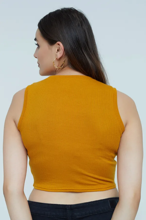 Yellow_Sleeveless_Ribbed_Round_Neck_Slim_Fit_Collarless_Casual_Tank_Top_For_Women