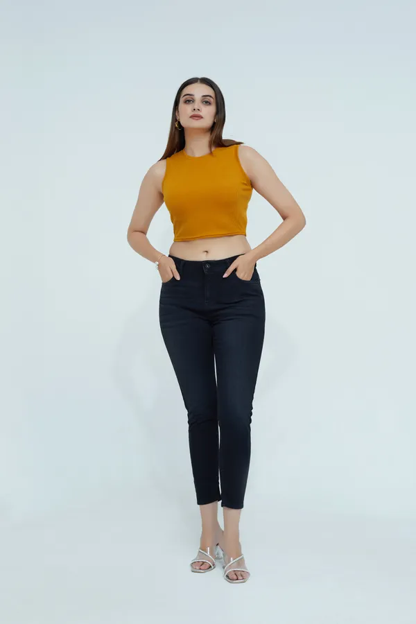 Yellow_Sleeveless_Ribbed_Round_Neck_Slim_Fit_Collarless_Casual_Tank_Top_For_Women