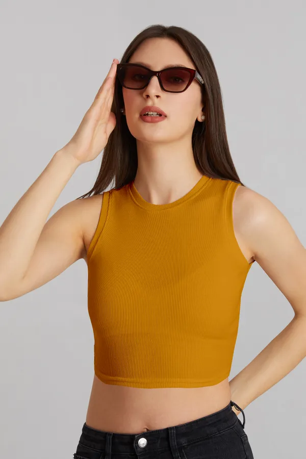 Stylish_Sleeveless_Round_Neck_Ribbed_Yellow_Tank_Tops