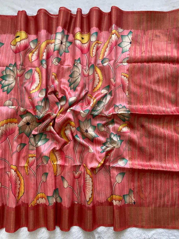 Darika_Peach_–_Aesthetic_Edit_for_You_|_Soft_Tussar_Silk_Saree_with_Print,_Pallu_&_Zari_Border_&_Contrast_Print_Blouse_with_Tassels