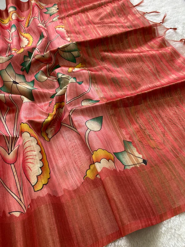 Darika_Peach_–_Aesthetic_Edit_for_You_|_Soft_Tussar_Silk_Saree_with_Print,_Pallu_&_Zari_Border_&_Contrast_Print_Blouse_with_Tassels