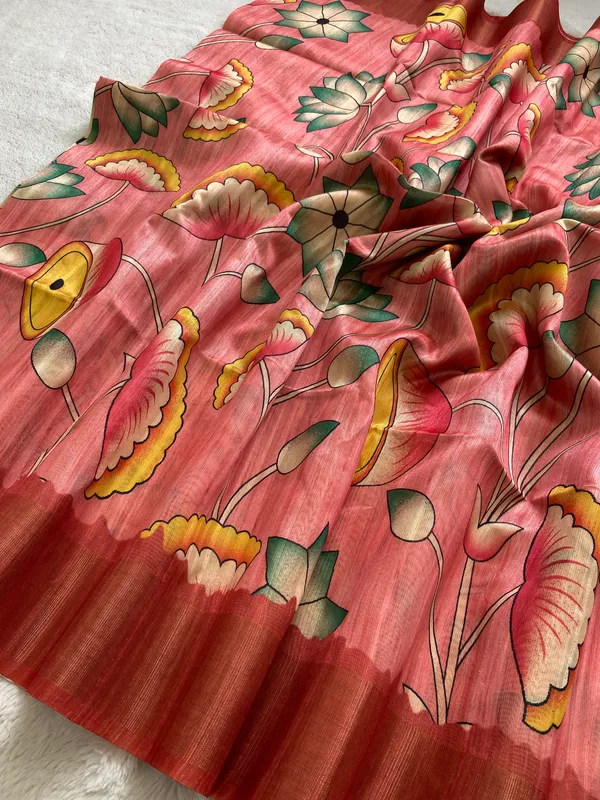 Darika_Peach_–_Aesthetic_Edit_for_You_|_Soft_Tussar_Silk_Saree_with_Print,_Pallu_&_Zari_Border_&_Contrast_Print_Blouse_with_Tassels