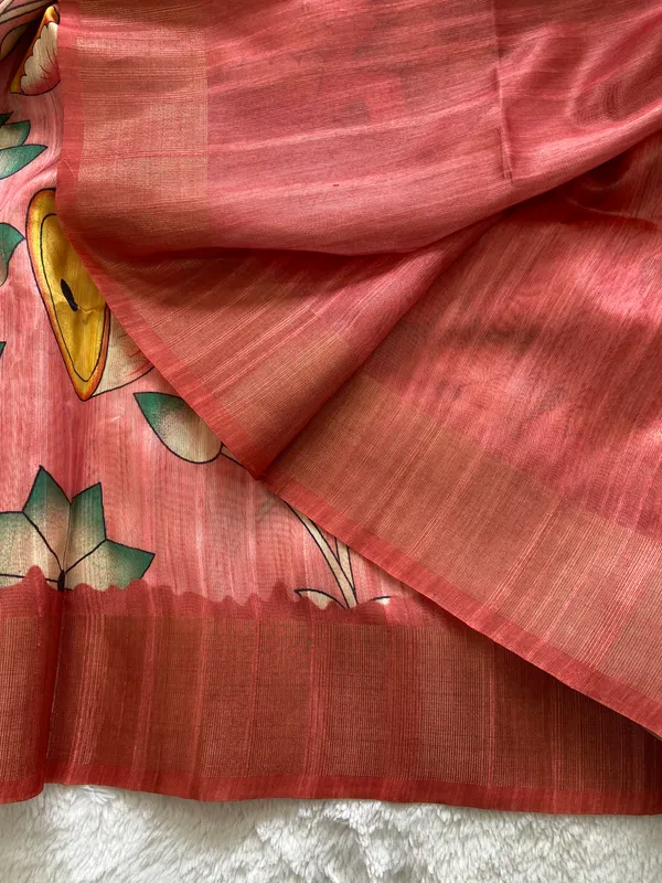 Darika_Peach_–_Aesthetic_Edit_for_You_|_Soft_Tussar_Silk_Saree_with_Print,_Pallu_&_Zari_Border_&_Contrast_Print_Blouse_with_Tassels