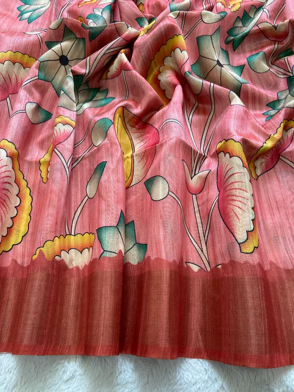 Darika_Peach_–_Aesthetic_Edit_for_You_|_Soft_Tussar_Silk_Saree_with_Print,_Pallu_&_Zari_Border_&_Contrast_Print_Blouse_with_Tassels