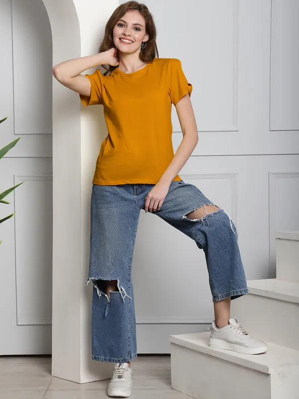 Pack_of_2_Purple_&_Mustard_Cotton_Round_Neck_T-Shirt_For_Women