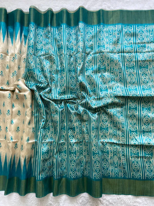 Soft_Tussar_Silk_sarees_with_Beautiful_Print_With_Attractive_Border_And_Contrast_Print_Blouse_With_Tassels