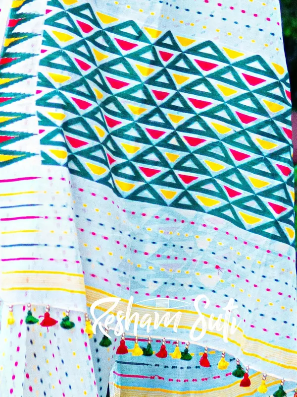 White_with_RGY_Dot_n_Triangle_Resham_Cotton_Jamdani_Saree-Island_of_La_Grande