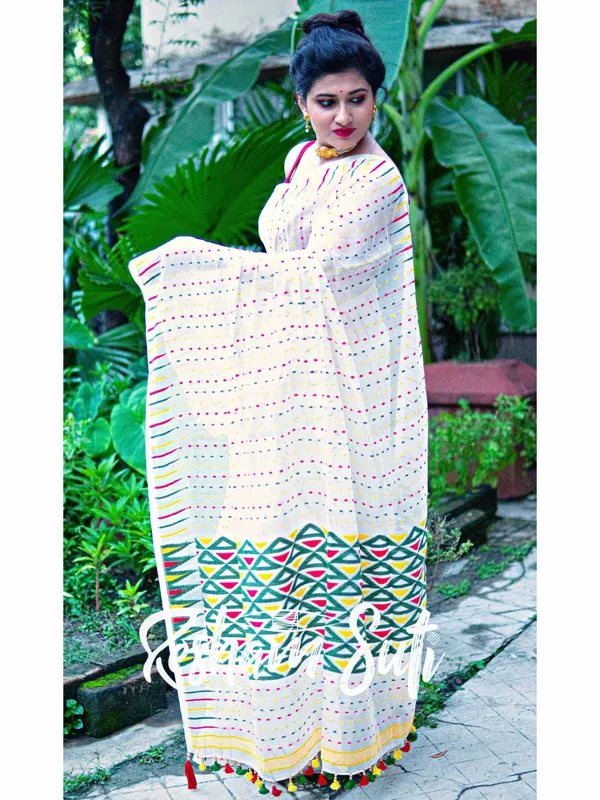 White_with_RGY_Dot_n_Triangle_Resham_Cotton_Jamdani_Saree-Island_of_La_Grande