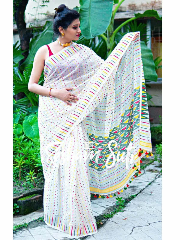 White_with_RGY_Dot_n_Triangle_Resham_Cotton_Jamdani_Saree-Island_of_La_Grande