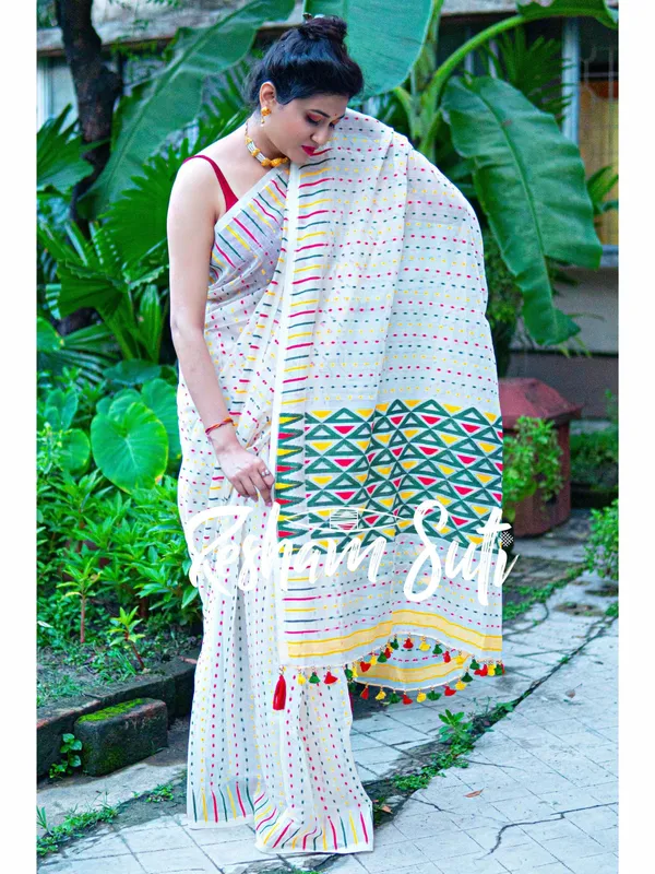 White_with_RGY_Dot_n_Triangle_Resham_Cotton_Jamdani_Saree-Island_of_La_Grande