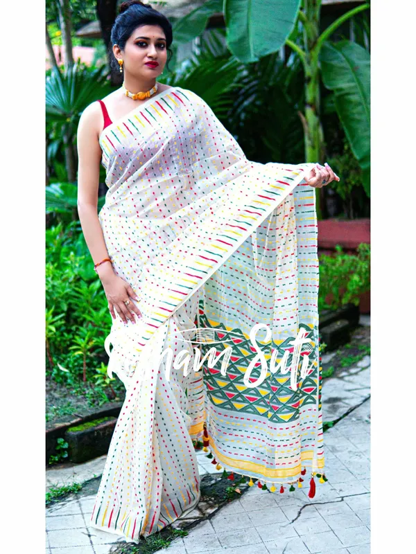 White_with_RGY_Dot_n_Triangle_Resham_Cotton_Jamdani_Saree-Island_of_La_Grande