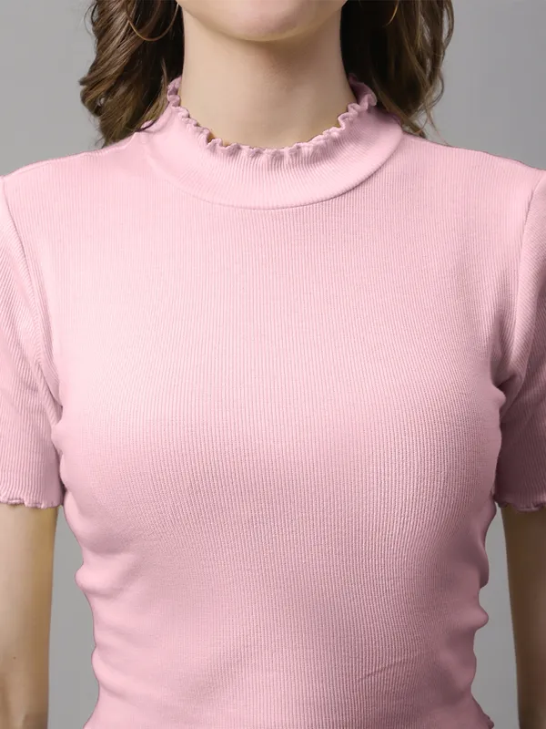 Coral_Cotton_Rib_Turtle_Neck_Short_Sleeve_Crop_Top_For_Women