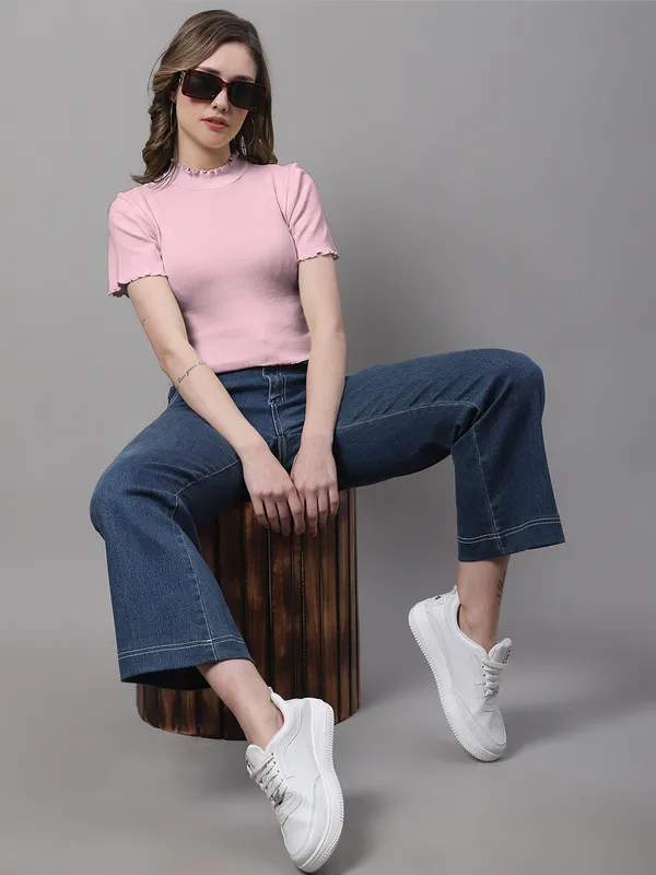 Coral_Cotton_Rib_Turtle_Neck_Short_Sleeve_Crop_Top_For_Women