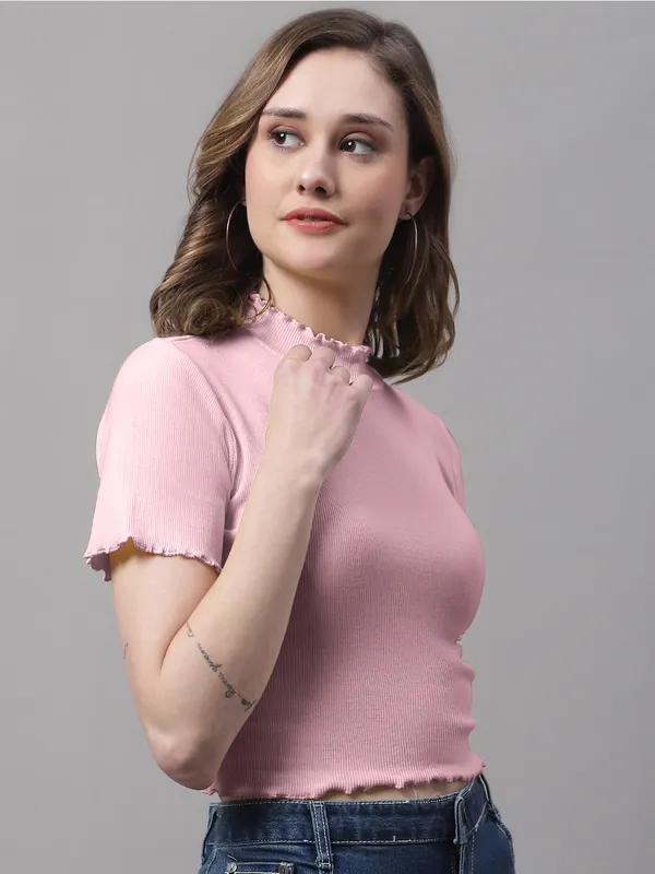 Coral_Cotton_Rib_Turtle_Neck_Short_Sleeve_Crop_Top_For_Women