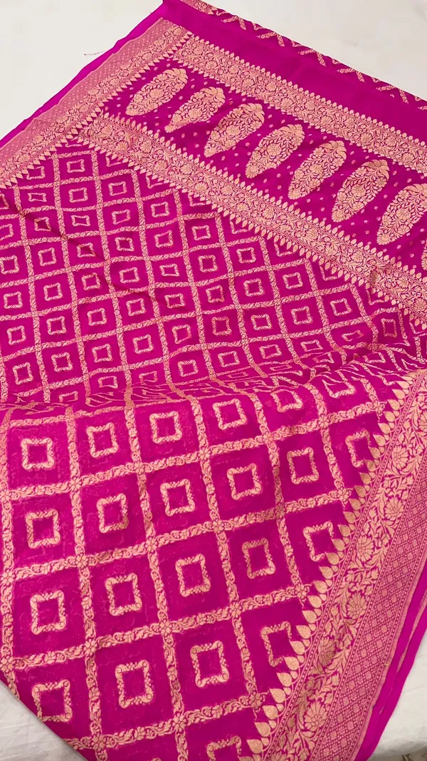 Humairah_Pure_Handloom_Pink_Khaddi_Georgette_Kadhwa_Bandhani_Zari_Jaal_with_Banarasi_Golden_Zari_Floral_Border_with_Kadhwa_Pink_Blouse
