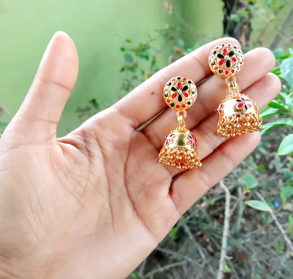 Assamese_Traditional_Copper_Gold_Plated_Red_Black_Colour_Jhumka_Earring_For_Girls_&_Women