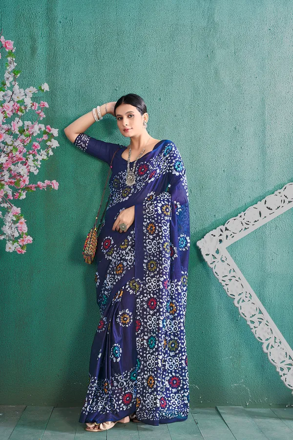 Ikkat_Print_Pure_Soft_Cotton_saree_With_Blouse_Piece
