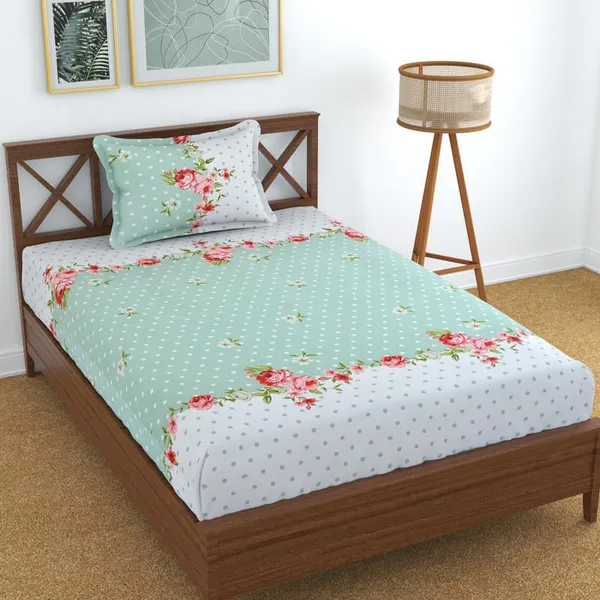 220TC_Elastic_Fitted_100%_Cotton_Feel_Printed_King_Size_Single_Bed_Bedsheet_with_1_Pillow_Cover_(36"x78"_Upto_6"_Mattress)_Green_Polka_Dots
