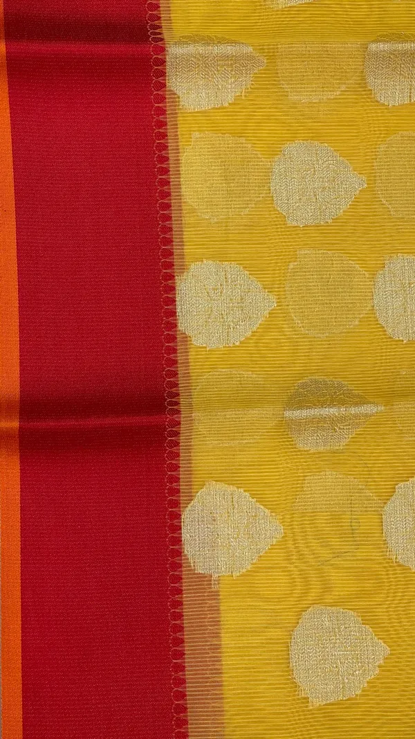 Humairah_Presents_Yellow_Cotton_Golden_Floral_Zari_Booti_with_Contrast_Red_Banarasi_Zari_Border_and_Yellow_Blouse