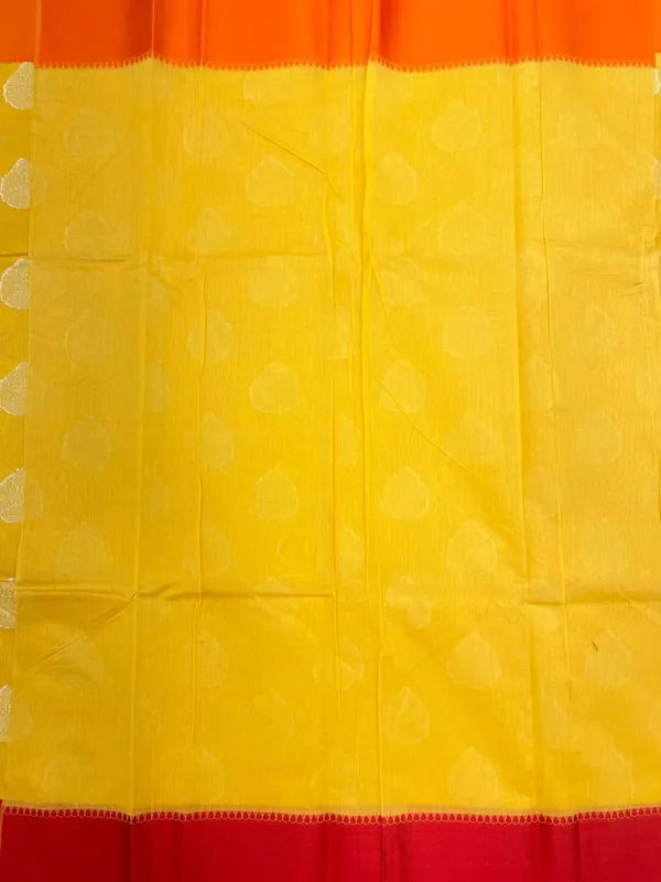 Humairah_Presents_Yellow_Cotton_Golden_Floral_Zari_Booti_with_Contrast_Red_Banarasi_Zari_Border_and_Yellow_Blouse