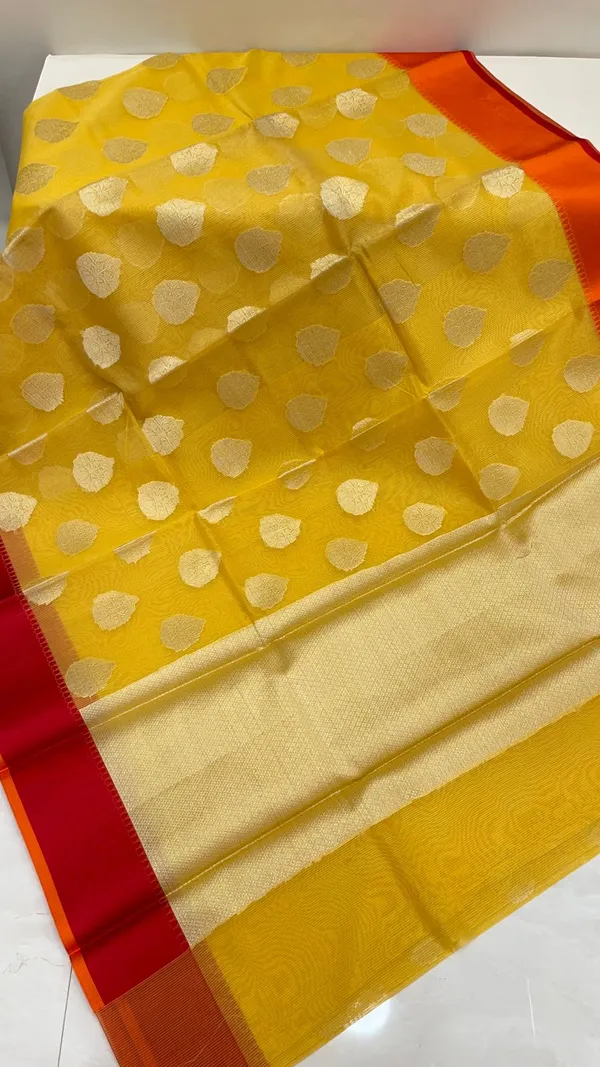 Humairah_Presents_Yellow_Cotton_Golden_Floral_Zari_Booti_with_Contrast_Red_Banarasi_Zari_Border_and_Yellow_Blouse