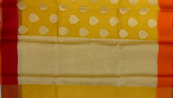 Humairah_Presents_Yellow_Cotton_Golden_Floral_Zari_Booti_with_Contrast_Red_Banarasi_Zari_Border_and_Yellow_Blouse