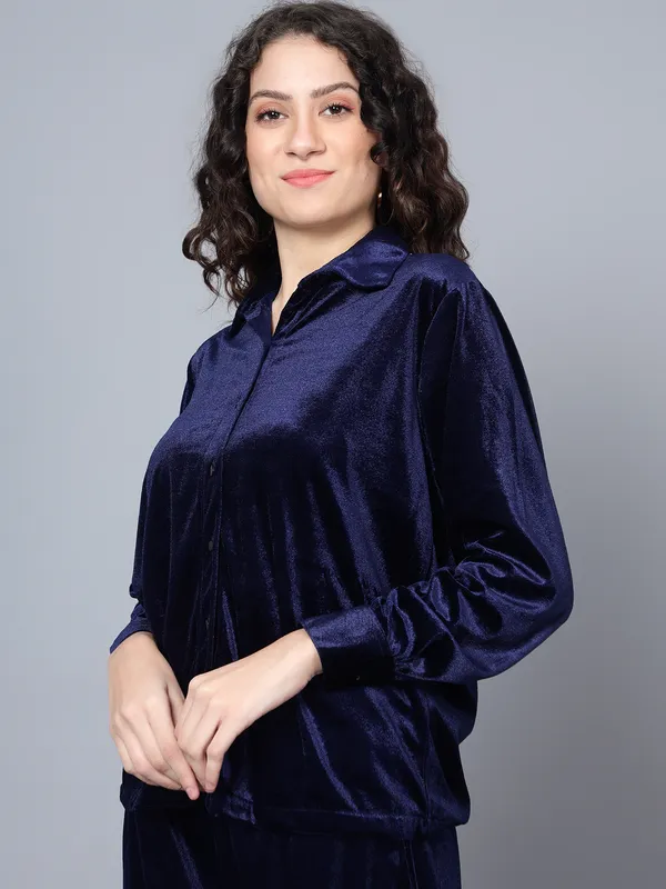 Blue_Velvet_Collared_Shirt_&_Pant_Co-ords_Set_For_Women