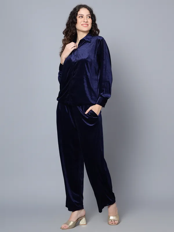 Blue_Velvet_Collared_Shirt_&_Pant_Co-ords_Set_For_Women
