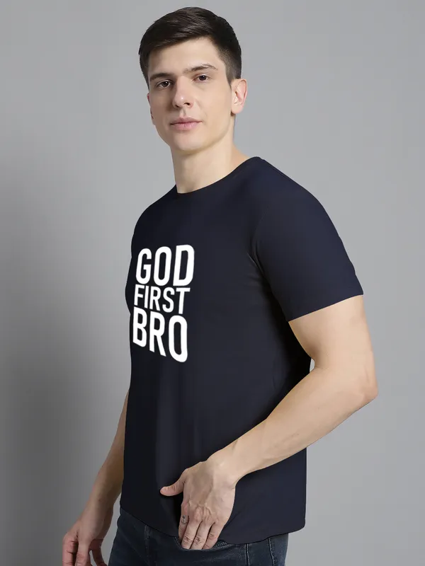 Navy_Blue_Cotton_God_First_Bro_Print_Round_Neck_T-Shirt_For_Men