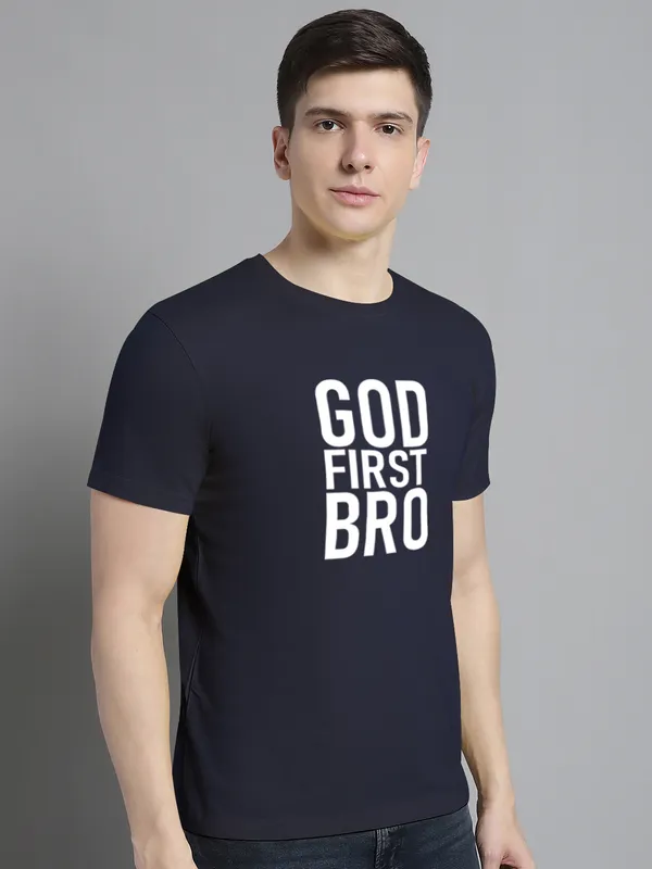 Navy_Blue_Cotton_God_First_Bro_Print_Round_Neck_T-Shirt_For_Men
