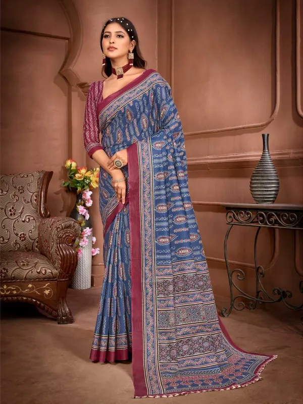 Ikkat_Print_Pure_Soft_Cotton_saree_With_Blouse_Piece
