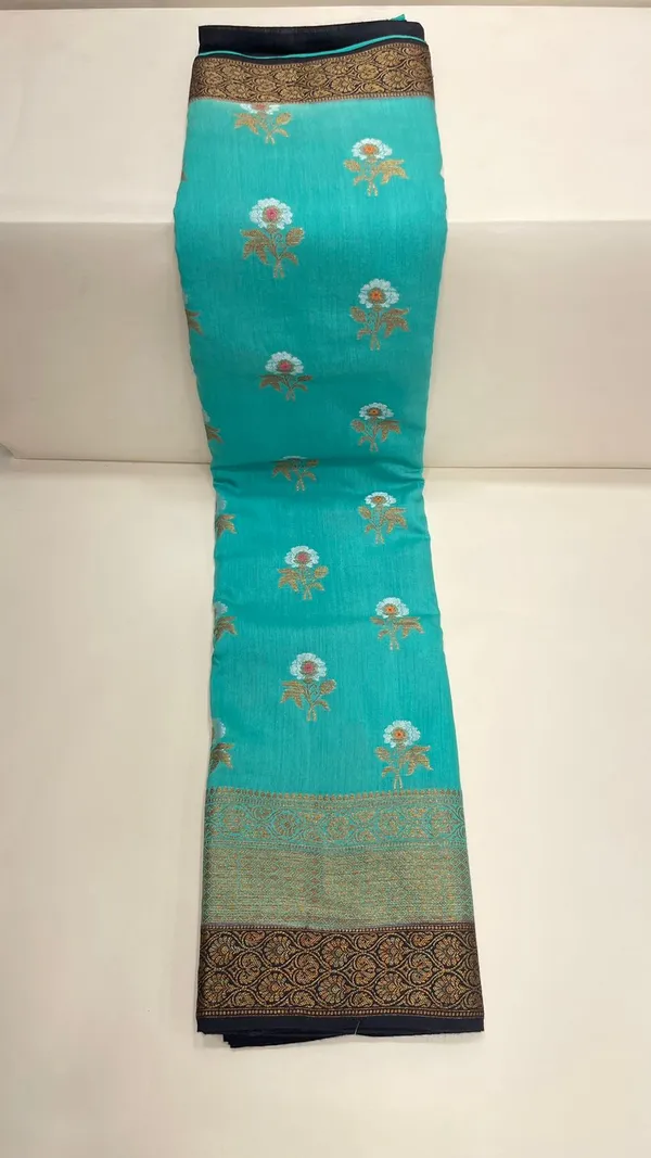 Humairah_Pure_Handwoven_Sea_Green_Muga_Silk_Floral_Zari_Mina_Booti_Contrast_Navy_Blue_Anchal_Copper_Zari_Border_Banarasi_Saree_with_Navy_Blue_Blouse_piece