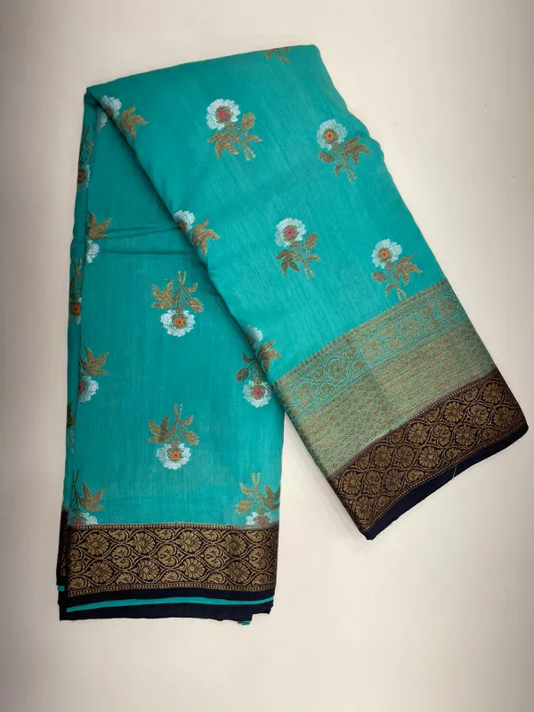 Humairah_Pure_Handwoven_Sea_Green_Muga_Silk_Floral_Zari_Mina_Booti_Contrast_Navy_Blue_Anchal_Copper_Zari_Border_Banarasi_Saree_with_Navy_Blue_Blouse_piece