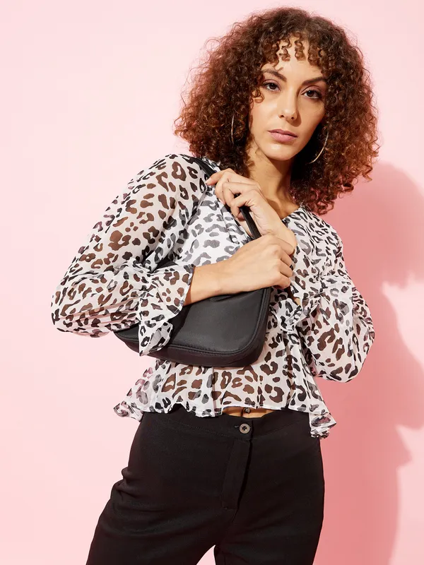 White_Chiffon_Casual_Printed_V-Neck_Regular_Fit_Top_For_Women