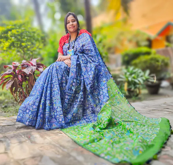 Blue_Madhubani_Cotton_Silk_Printed_Saree