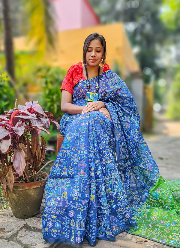 Blue_Madhubani_Cotton_Silk_Printed_Saree
