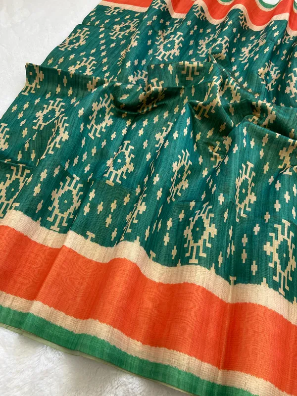 Durga_Green_–_Shakti_Navratri_Special_|_Soft_Tussar_Silk_Saree_with_Print,_Zari_Line_Saree_&_Print_Blouse_with_Tassels