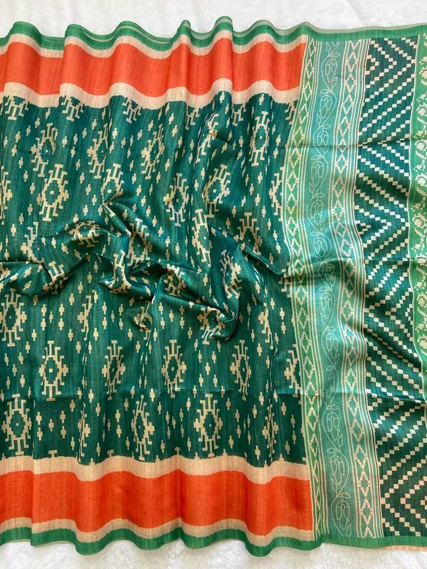 Durga_Green_–_Shakti_Navratri_Special_|_Soft_Tussar_Silk_Saree_with_Print,_Zari_Line_Saree_&_Print_Blouse_with_Tassels