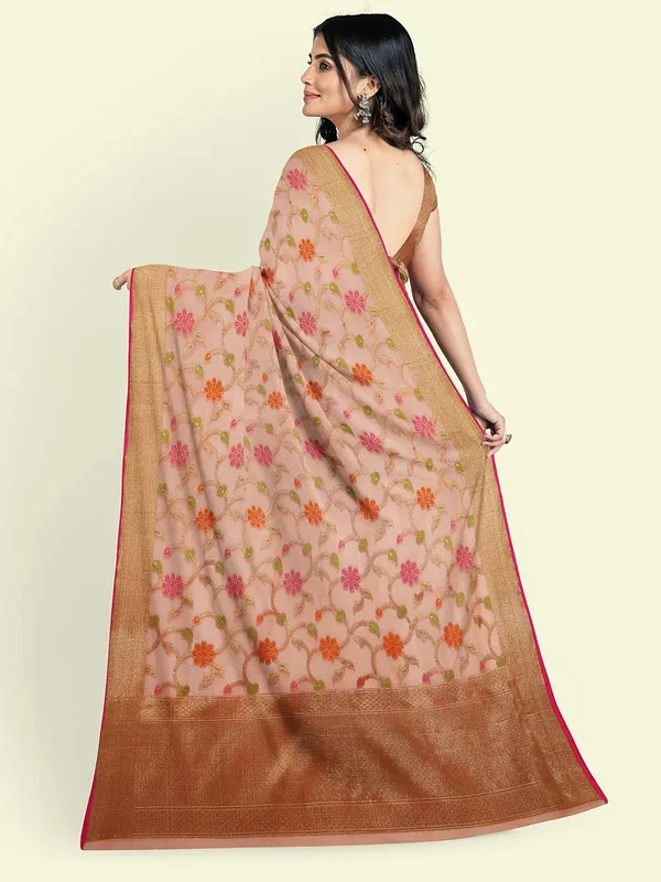 Peach_Cotton_Blend_Banarasi_Sarees_For_Women
