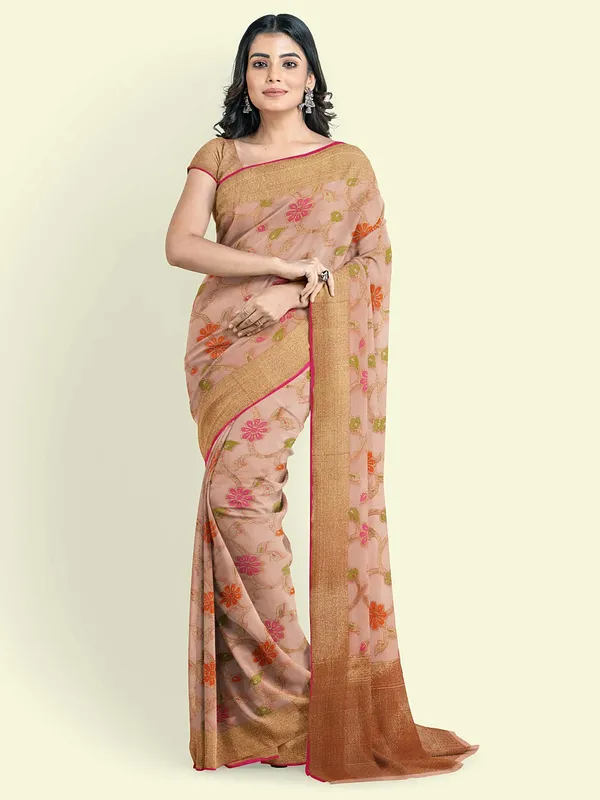 Peach_Cotton_Blend_Banarasi_Sarees_For_Women