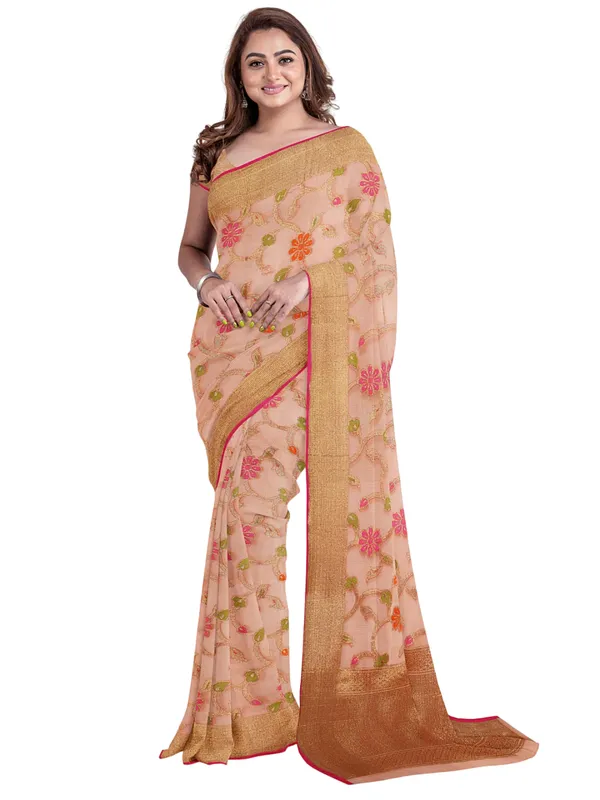 Peach_Cotton_Blend_Banarasi_Sarees_For_Women