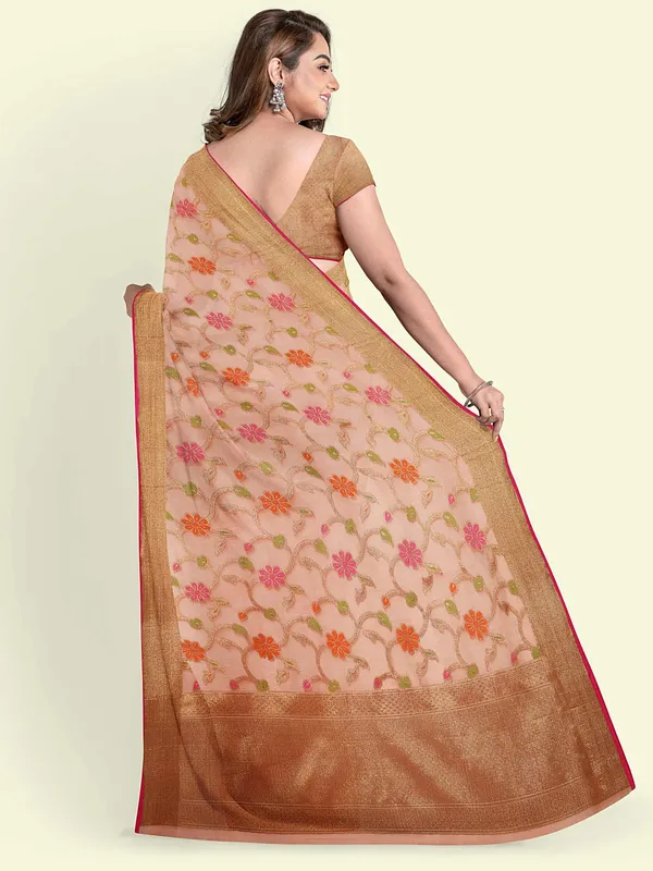 Peach_Cotton_Blend_Banarasi_Sarees_For_Women
