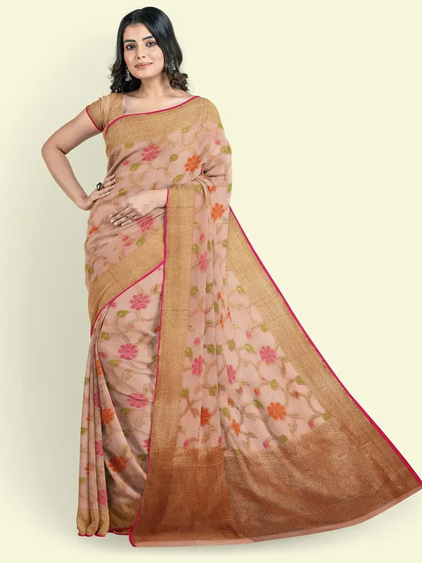 Peach_Cotton_Blend_Banarasi_Sarees_For_Women